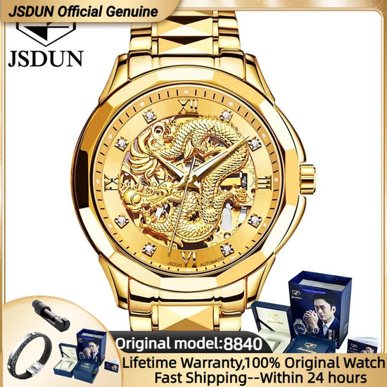 JSDUN Gold Dragon Automatic Mechanical Watch for Men Tungsten steel 18K Gold Strap Luminous Waterproof Luxury Wristwatch Men