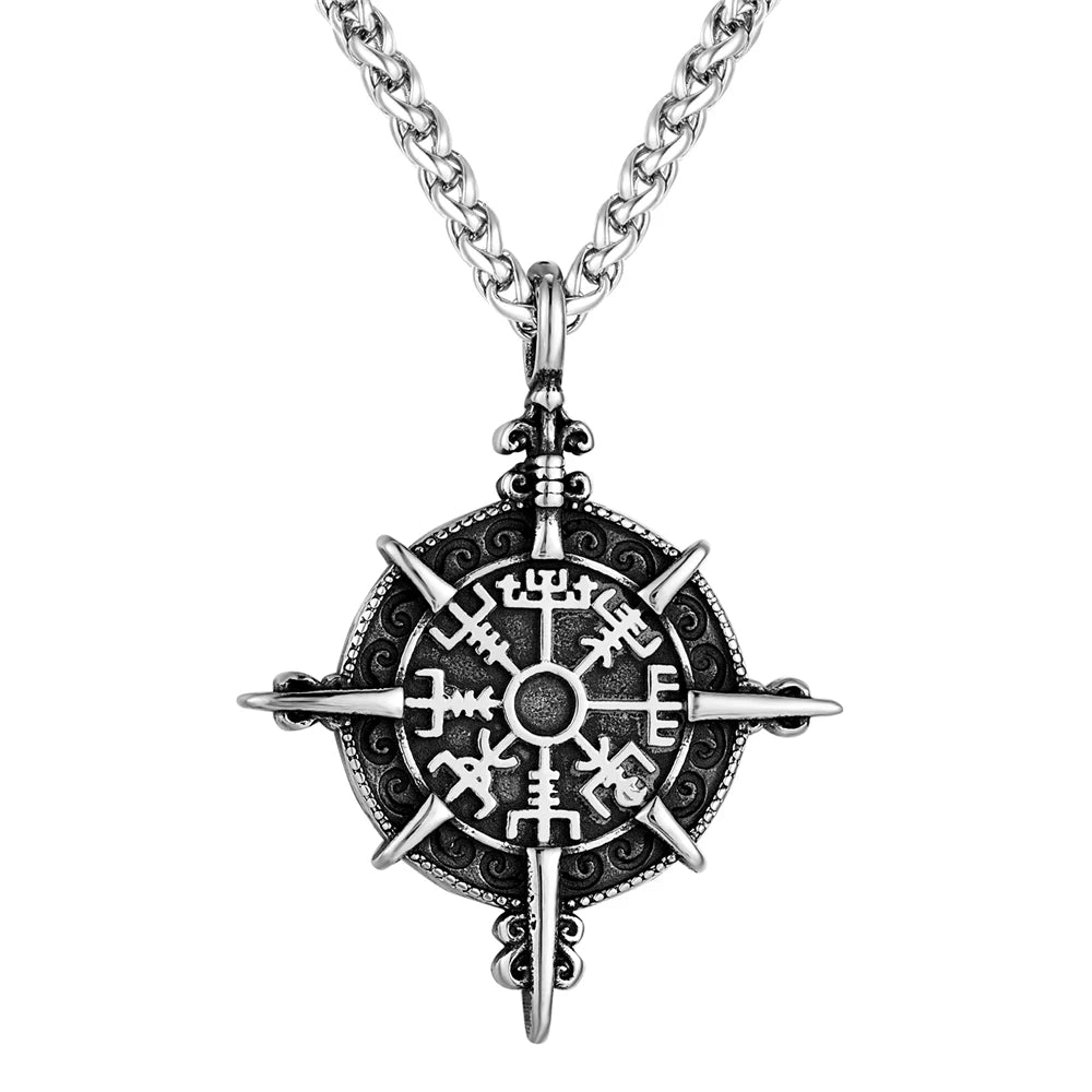 Retro Gold Color Vikings Compass Necklace Men Antique Stainless Steel Norse Rune Amulet Pendant Vegvisir Homme Icelandic Jewelry