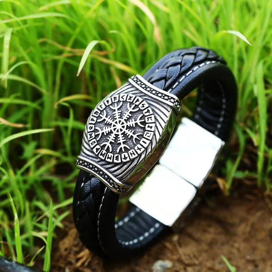 Beier 316L Stainless Steel Viking Vegvisir Compass Pendants Bangle Nose  Runes Men Jewelry Odin Symbol Leather bracelet LBC-L052