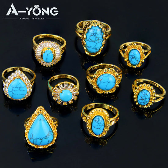 Dubai Gold Color Ring 21k Gold Plated Italian Vintage Turquoise Rings Arabic Islamic Women Party Jewelry Gifts