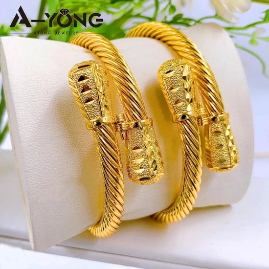 Dubai Gold Plated Cuff Bracelets 21k Gold Color Luxury Saudi Bridal Wedding Bangles Turkish Women Wedding Party Ramadan Jewelry