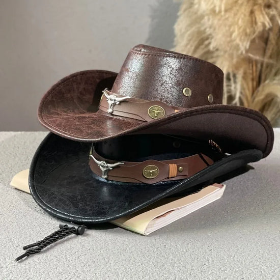 Faux Leather Western Cowboy Hats For Women Men Vintage Gentleman Dress Hats Panama Cowgirl Jazz Cap Sombrero Hombre
