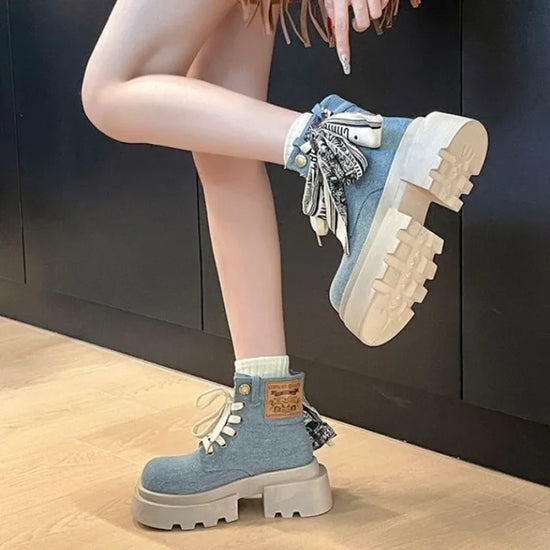 Booties Cowboy Platform Chunky Cowgirl Woman Short Shoes Denim with Laces Lace-up Round Toe Ankle Boots for Women High Quality