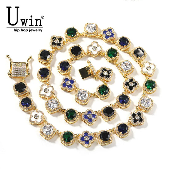 Uwin Square Colored Zircon Necklace Flowers Enamel Chain Full Iced Out Cubic Zircon Fashion Luxurious Choker HipHop Jewelry