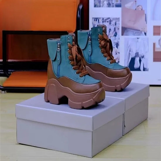 Ladies Shoes Mid Calf with Laces Chunky Punk Style Half High Combat Lace-up Leather Platform Women&