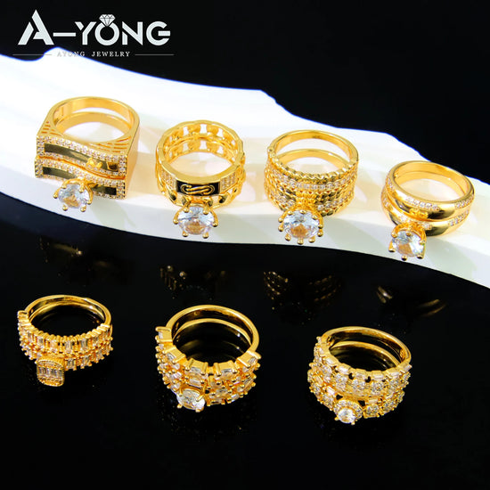 Luxury Dubai Gold Color Couples Rings 21k Gold Plated Elegant Italian Cocktail Ring Saudi Women Wedding Party Jewelry Gifts